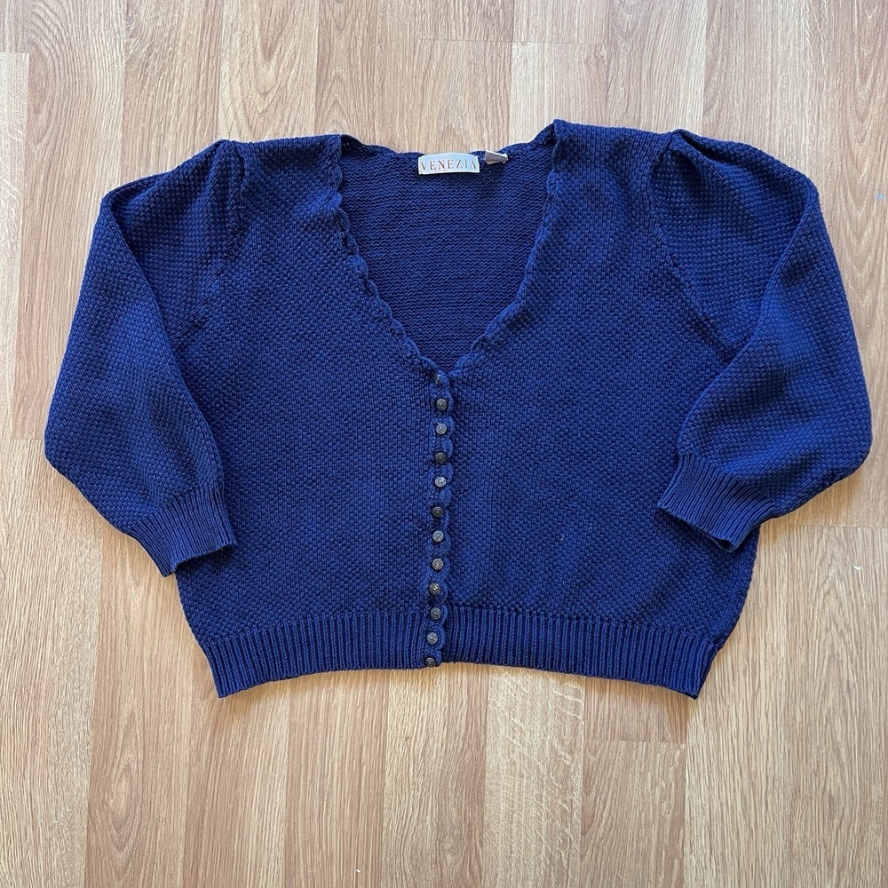 Venezia VTG Womens Blue Sweater Buttoned Ramie Blend Vneck Plus Size 22-24 = 3XL